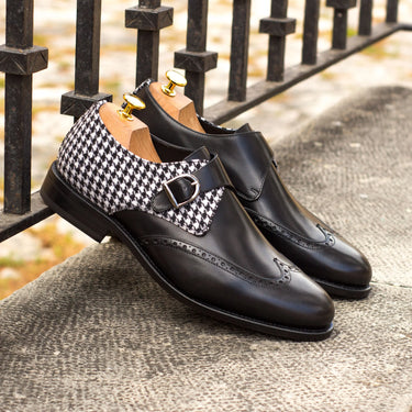 DapperFam Brenno in Houndstooth / Black Men's Sartorial & Italian Leather Single Monk in #color_