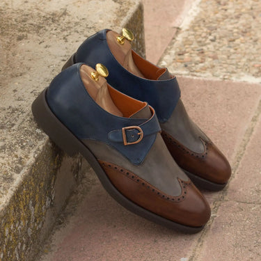 DapperFam Brenno in Med Brown / Grey / Navy Men's Italian Leather Single Monk in #color_