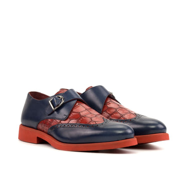 DapperFam Brenno in Navy / Red Men's Italian Leather & Italian Croco Embossed Leather Single Monk in Navy / Red #color_ Navy / Red