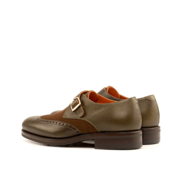 DapperFam Brenno in Olive / Med Brown Men's Lux Suede & Italian Pebble Grain Leather Single Monk in #color_