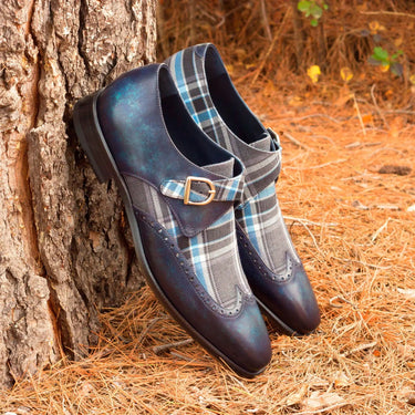 DapperFam Brenno in Plaid / Denim Men's Sartorial & Hand-Painted Patina Single Monk in #color_