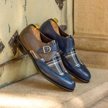 DapperFam Brenno in Plaid / Grey / Navy Men's Sartorial & Italian Leather Single Monk in #color_