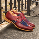 DapperFam Brenno in Red / Tartan Men's Sartorial & Italian Pebble Grain Leather Single Monk in #color_