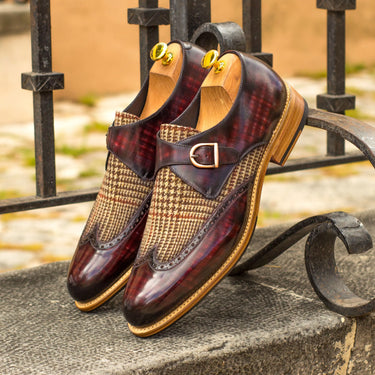 DapperFam Brenno in Tweed / Burgundy Men's Sartorial & Hand-Painted Patina Single Monk in #color_