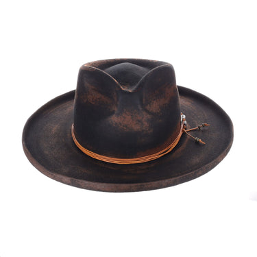 DapperFam Brownstone Distressed Wide Brim Wool Fedora in #color_