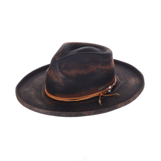 DapperFam Brownstone Distressed Wide Brim Wool Fedora in Black / Brown #color_ Black / Brown