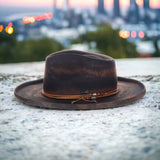 DapperFam Brownstone Distressed Wide Brim Wool Fedora in #color_