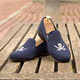 DapperFam Enzo in Navy Men's Linen & Grossgrain Slipper in #color_