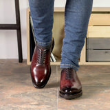 DapperFam Giuliano in Burgundy Men's Hand-Painted Patina Whole Cut in #color_