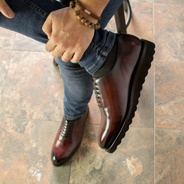 DapperFam Giuliano in Burgundy Men's Hand-Painted Patina Whole Cut in #color_