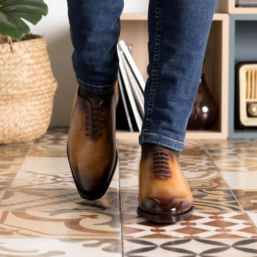 DapperFam Giuliano in Cognac Men's Hand-Painted Patina Whole Cut in #color_