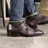 DapperFam Monaco in Aubergine Men's Hand-Painted Patina Double Monk in #color_