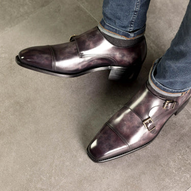 DapperFam Monaco in Aubergine Men's Hand-Painted Patina Double Monk in #color_