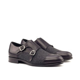 DapperFam Monaco in Black / Dark Grey Men's Flannel & Italian Leather Double Monk in Black / Dark Grey #color_ Black / Dark Grey