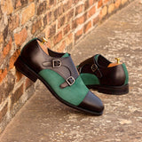 DapperFam Monaco in Black / Forest Men's Italian Leather & Italian Suede Double Monk in #color_