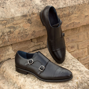 DapperFam Monaco in Black Men's Italian Leather & Italian Pebble Grain Leather Double Monk in #color_