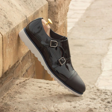 DapperFam Monaco in Black Men's Italian Patent Leather & Italian Full Grain Leather Double Monk in #color_