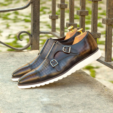 DapperFam Monaco in Brown / Grey / Tweed Men's Sartorial & Hand-Painted Patina Double Monk in #color_