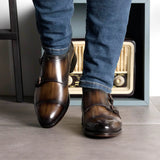 DapperFam Monaco in Brown Men's Hand-Painted Patina Double Monk in #color_