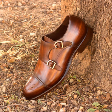 DapperFam Monaco in Brown Men's Hand-Painted Patina Double Monk in #color_