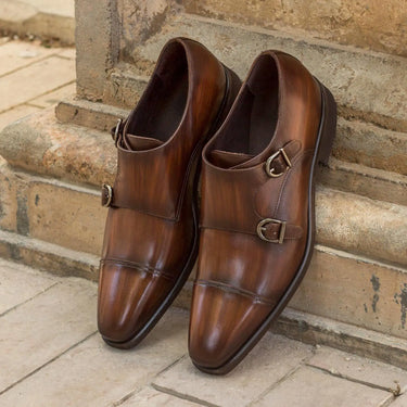 DapperFam Monaco in Brown Men's Hand-Painted Patina Double Monk in Brown #color_ Brown