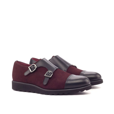 DapperFam Monaco in Burgundy / Black Men's Lux Suede & Italian Leather Double Monk in Burgundy / Black #color_ Burgundy / Black