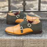 DapperFam Monaco in Cognac / Green Men's Flannel & Italian Leather Double Monk in #color_