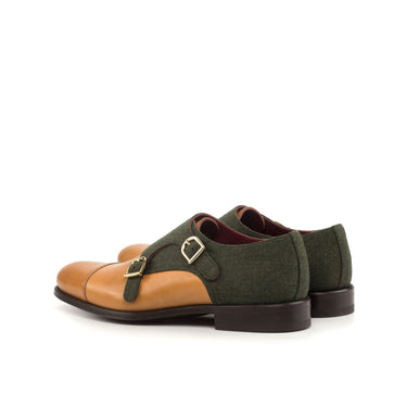 DapperFam Monaco in Cognac / Green Men's Flannel & Italian Leather Double Monk in #color_