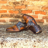 DapperFam Monaco in Cognac / Grey / Denim Men's Hand-Painted Patina Double Monk in #color_