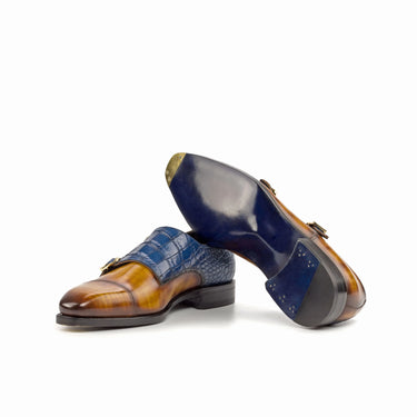 DapperFam Monaco in Cognac / Navy Men's Hand-Painted & Embossed Leather Double Monk in #color_