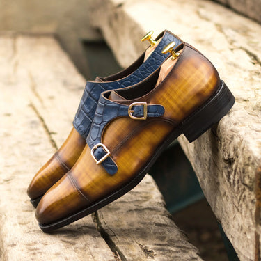 DapperFam Monaco in Cognac / Navy Men's Hand-Painted & Embossed Leather Double Monk in #color_