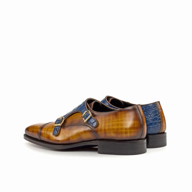 DapperFam Monaco in Cognac / Navy Men's Hand-Painted & Embossed Leather Double Monk in #color_