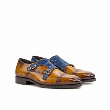 DapperFam Monaco in Cognac / Navy Men's Hand-Painted & Embossed Leather Double Monk in Cognac / Navy #color_ Cognac / Navy