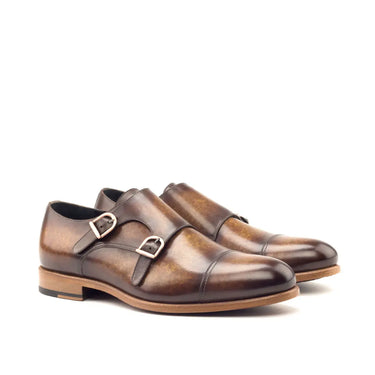 DapperFam Monaco in Cognac Men's Hand-Painted Patina Double Monk in Cognac #color_ Cognac