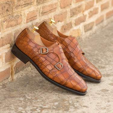 DapperFam Monaco in Cognac Men's Italian Croco Embossed Leather Double Monk in #color_