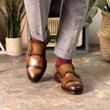 DapperFam Monaco in Cognac Men's Italian Leather Double Monk in #color_