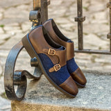 DapperFam Monaco in Dark Brown / Jeans Men's Sartorial & Italian Leather Double Monk in #color_