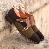 DapperFam Monaco in Dark Brown / Khaki / Med Brown Men's Lux Suede & Italian Leather Double Monk in #color_