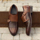 DapperFam Monaco in Dark Brown / Med Brown / Navy Men's Italian Leather & Hand-Painted Patina Double Monk in #color_