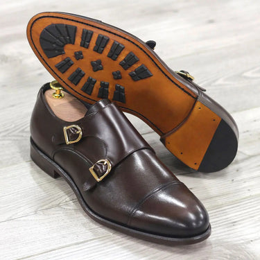 DapperFam Monaco in Dark Brown Men's Italian Leather Double Monk in Dark Brown #color_ Dark Brown