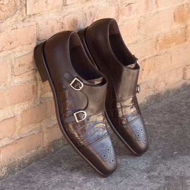 DapperFam Monaco in Dark Brown Men's Italian Leather Double Monk in Dark Brown #color_ Dark Brown