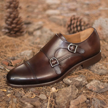 DapperFam Monaco in Dark Brown Men's Italian Leather Double Monk in Dark Brown #color_ Dark Brown