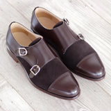 DapperFam Monaco in Dark Brown Men's Italian Leather & Lux Suede Double Monk in Dark Brown #color_ Dark Brown