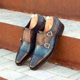 DapperFam Monaco in Denim / Grey Men's Hand-Painted Patina Double Monk in #color_