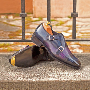 DapperFam Monaco in Denim / Purple Men's Hand-Painted Patina Double Monk in #color_