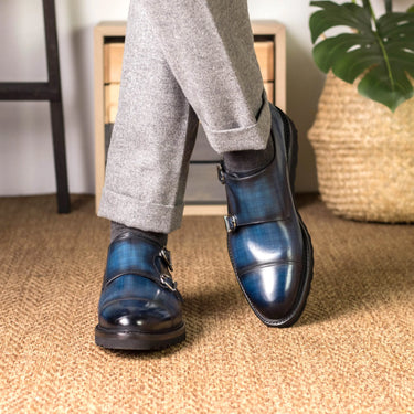 DapperFam Monaco in Denim Men's Hand-Painted Patina Double Monk in #color_