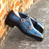 DapperFam Monaco in Denim Men's Hand-Painted Patina Double Monk in #color_