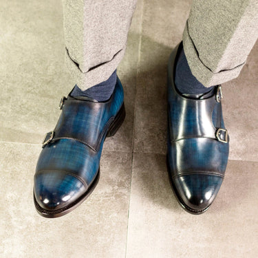 DapperFam Monaco in Denim Men's Hand-Painted Patina Double Monk in #color_