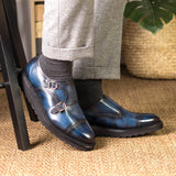 DapperFam Monaco in Denim Men's Hand-Painted Patina Double Monk in Denim #color_ Denim