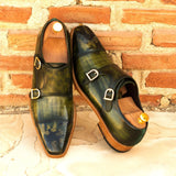 DapperFam Monaco in Forest / Khaki / Khaki Camo Men's Italian Suede & Hand-Painted Patina Double Monk in #color_